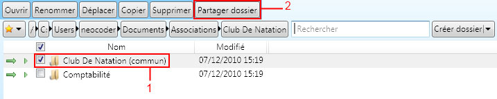 Capture écran de NetGyver Express : partage d'un dossier dans le gestionnaire de fichiers.